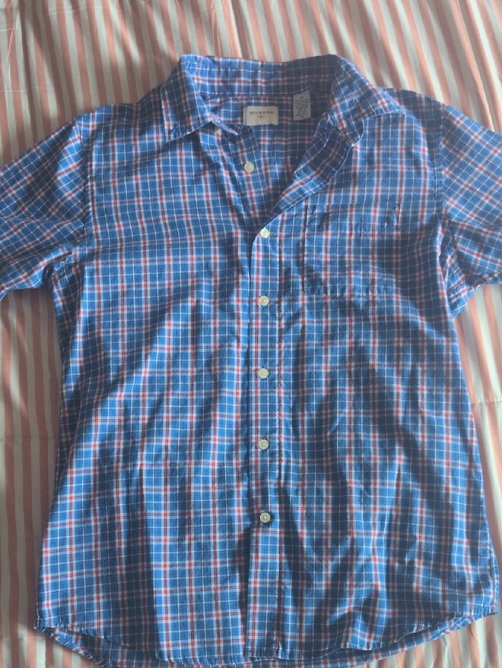 Dockers Blue and Red Plaid Short-Sleeve Button-Down Shirt